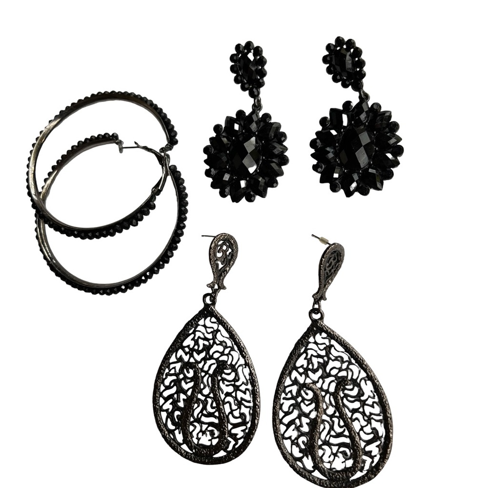 Black Statement Jewelry Lot Earrings + Hoop Bangles Set Boho Glam Vintage Style